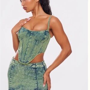 PrettyLittleThing Green Acid-Wash Denim Bustier Top